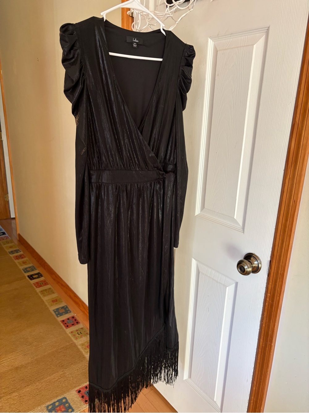 Lulus Black Metallic Fringe Asymmetrical Midi Dress Size M